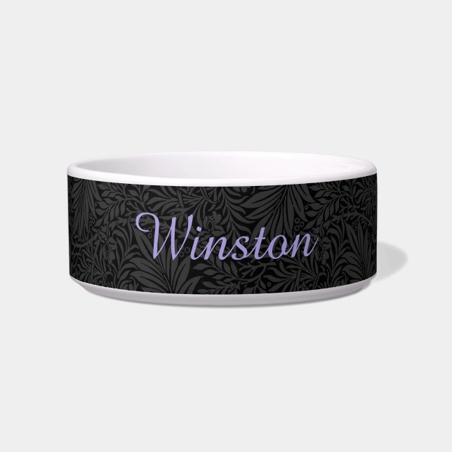 Custom Pet Name Black Botanical Lavender Script Bowl (Front)