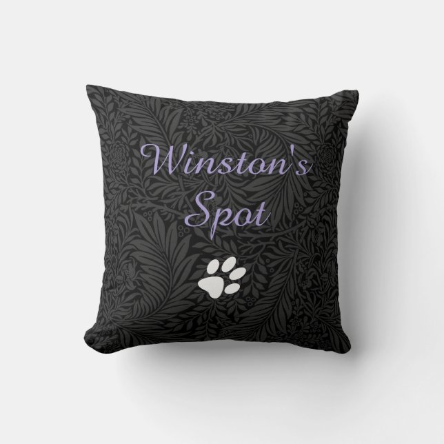 Custom Pet Name Black Floral Lavender Script  Cushion (Front)