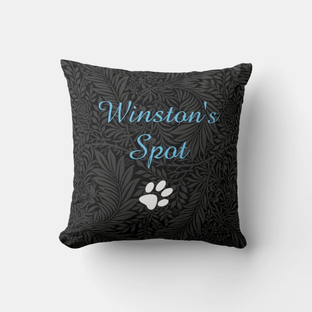 Custom Pet Name Black Floral Sky Blue Script Cushion (Front)