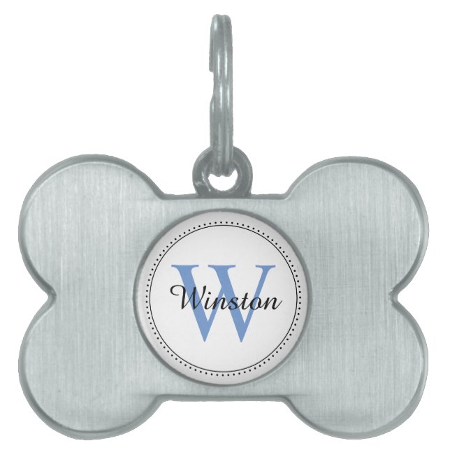 Custom Pet Name Blue Monogram White ID Tag (Front)