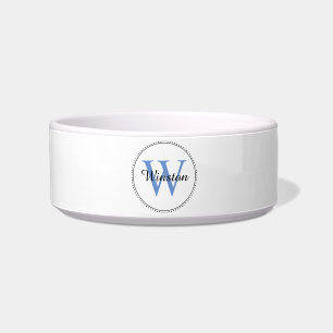 Custom Pet Name Blue Monogram White Pet Bowl