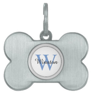 Custom Pet Name Blue Monogram White Pet ID Tag