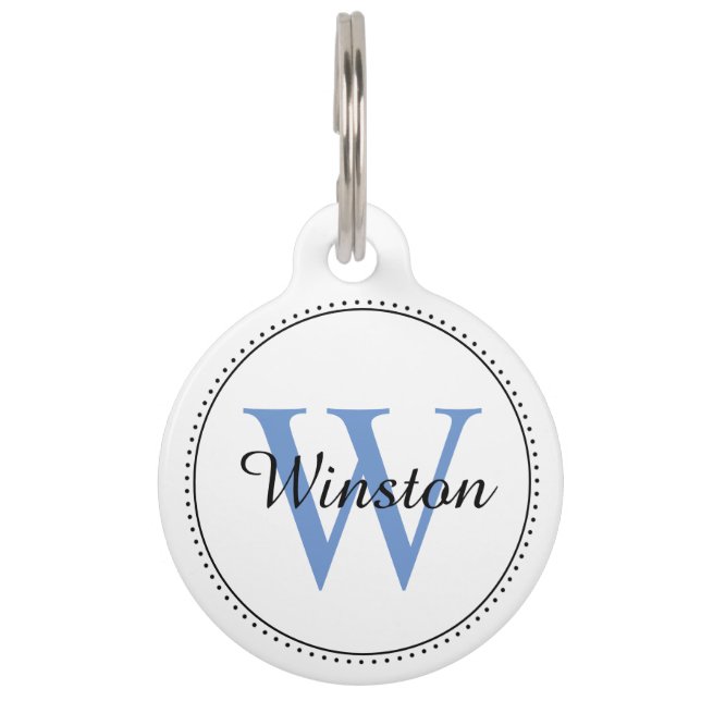 Custom Pet Name Blue Monogram White Tag (Front)