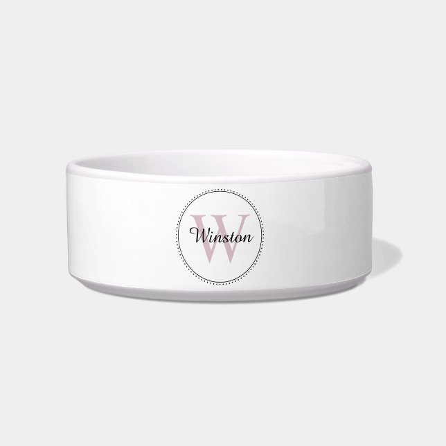 Custom Pet Name Blush Pink Monogram White Pet Bowl (Front)