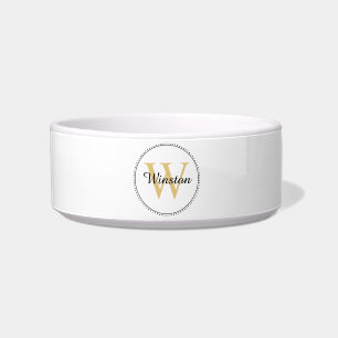 Custom Pet Name Gold Monogram White Pet Bowl
