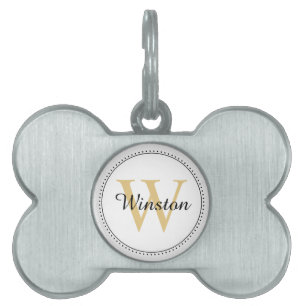 Custom Pet Name Gold Monogram White Pet ID Tag