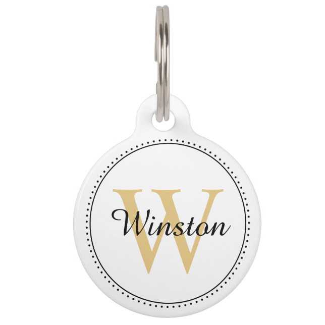 Custom Pet Name Gold Monogram White Tag (Front)