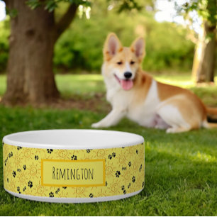 Custom Pet Name Hand Drawn Sunshine Black Paws Bowl