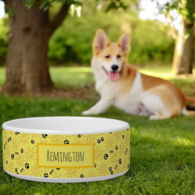 Custom Pet Name Hand Drawn Sunshine Black Paws Bowl (front pet bowl)
