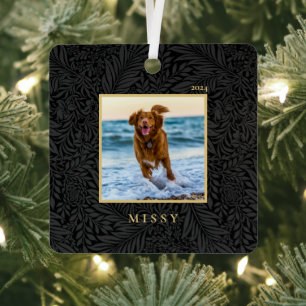 Custom Pet Name Photo Black Botanical  Metal Tree Decoration