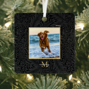 Custom Pet Name Photo Black Botanical  Metal Tree Decoration