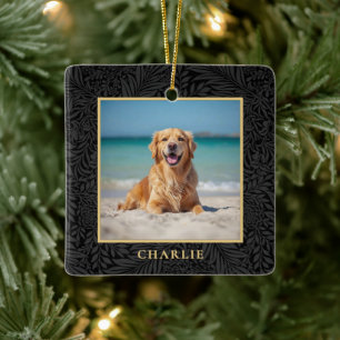 Custom Pet Name Photo Botanical Holiday Ceramic Ornament