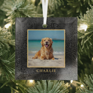 Custom Pet Name Photo Botanical Holiday Glass Tree Decoration