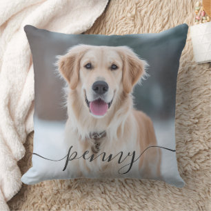 Custom Pet Name Photo Elegant Script Dog Cushion