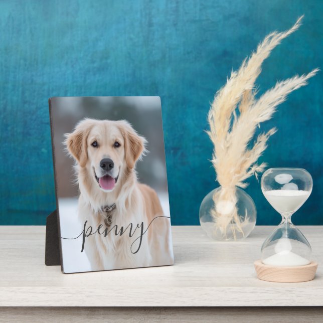 Custom Pet Name Photo Elegant Script Dog Plaque (Side)