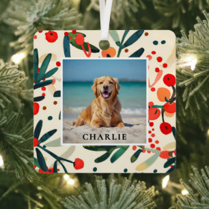 Custom Pet Name Photo Holly Berries Holiday Metal Tree Decoration