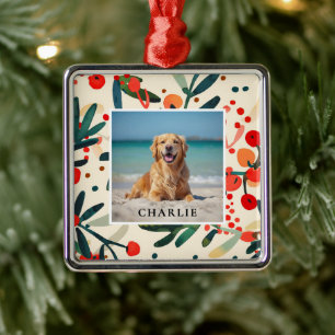 Custom Pet Name Photo Holly Berries Holiday Metal Tree Decoration
