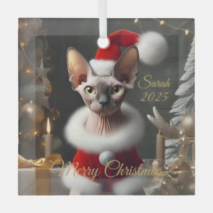 Custom Pet Name Photo Sphynx Cat Christmas 2025 Glass Tree Decoration