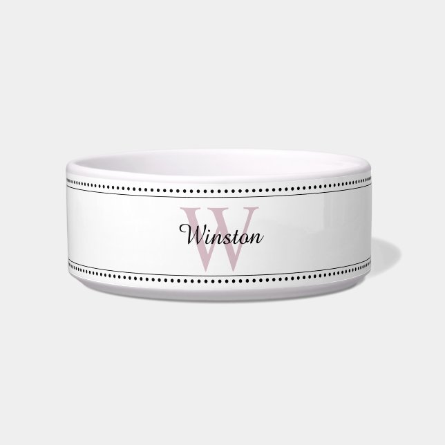 Custom Pet Name Pink Monogram White Bowl (Front)