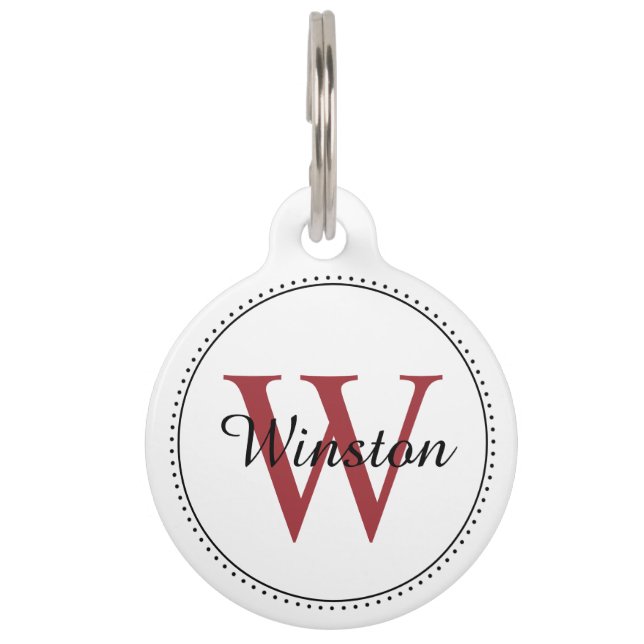 Custom Pet Name Red Monogram White Pet Tag (Front)