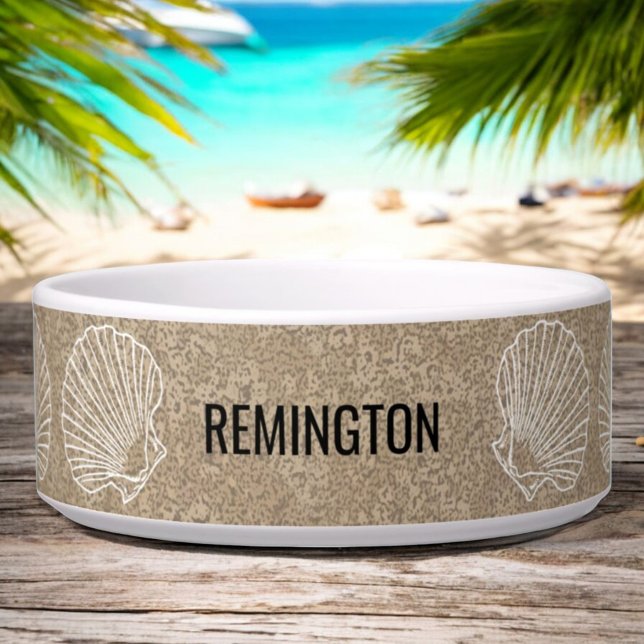 Custom Pet Name Sandy Beach Sea Shells Bowl (front custom pet bowl)