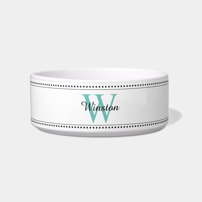 Custom Pet Name Teal Monogram White Pet Bowl (Front)