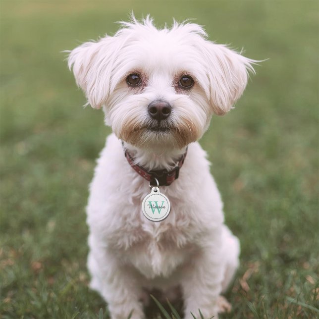 Custom Pet Name Teal Monogram White Pet Tag (Creator Uploaded)