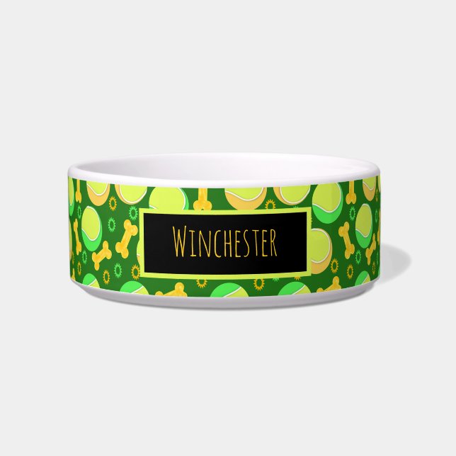 Custom Pet Name Tennis Balls Dog Bones Over Black Bowl (Front)