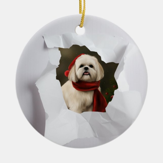 Custom Pet Peeking Through Christmas Ceramic Tree Decoration (Front)