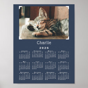 Custom Pet Photo and Name 2026 Calendar Navy Blue Poster