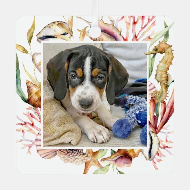 Custom Pet Photo Beach Christmas Metal Tree Decoration (Front)