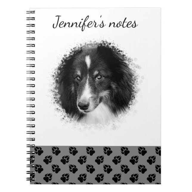 Custom Pet Photo & Black Paws On Grey & Your Text Notebook (Front)