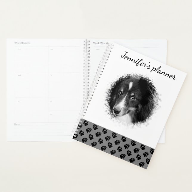 Custom Pet Photo & Black Paws On Grey & Your Text Planner (Display)