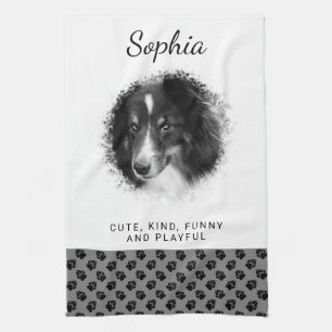 Custom Pet Photo & Black Paws On Grey & Your Text Tea Towel