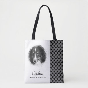 Custom Pet Photo & Black Paws On Grey & Your Text Tote Bag