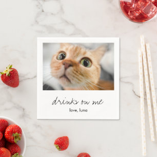 Custom Pet Photo Cat Drinks On Me Wedding Cocktail Napkin
