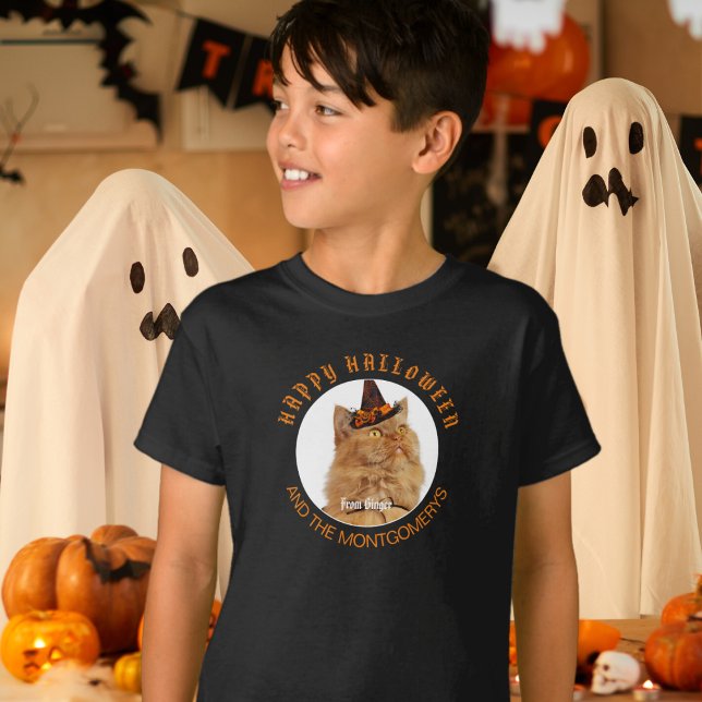 Custom Pet Photo Cat Lover Halloween Party Kids T-Shirt (Creator Uploaded)