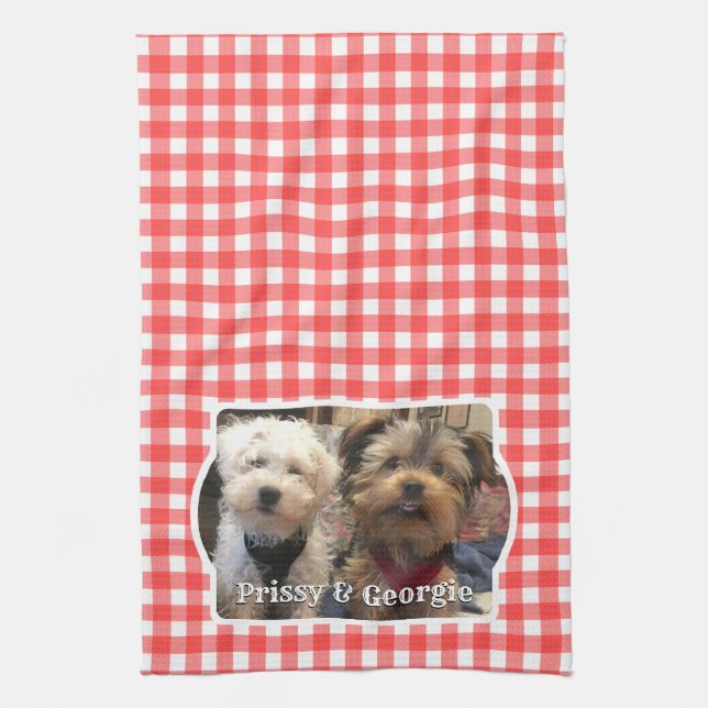 Custom Pet Photo Country Red Buffalo Check Plaid Tea Towel (Vertical)