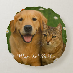 Custom Pet Photo Cute Floral Design For Pet Parent Round Cushion