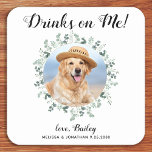 Custom Pet Photo Eucalyptus Dog Wedding Open Bar Square Paper Coaster<br><div class="desc">Drinks On Me! Add the finishing touch to your wedding with these cute custom photo wedding coasters . Perfect for your wedding after party and reception, and as wedding favours for your guests. Customise these photo dog wedding coasters with your favourite wedding photo, dog of honours photo, or your newlywed...</div>