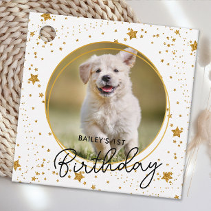 Custom Pet Photo Gold Glitter Stars Dog Birthday Favour Tags