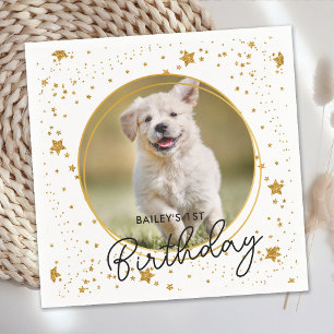 Custom Pet Photo Gold Glitter Stars Dog Birthday Napkin