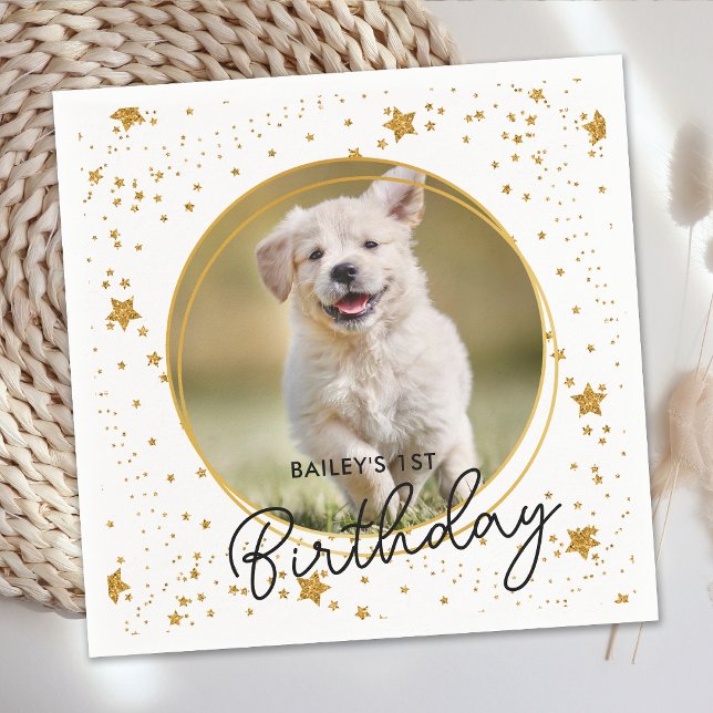Custom Pet Photo Gold Glitter Stars Dog Birthday Napkin (Creator Uploaded)