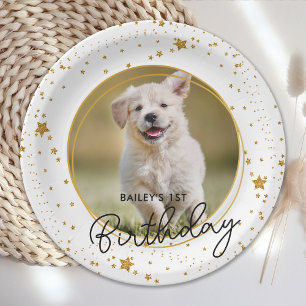 Custom Pet Photo Gold Glitter Stars Dog Birthday Paper Plate