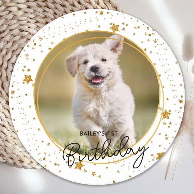 Custom Pet Photo Gold Glitter Stars Dog Birthday Round Paper Coaster (Creator Uploaded)