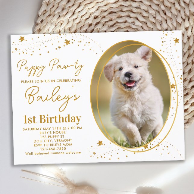 Custom Pet Photo Gold Stars Puppy Dog Birthday Invitation Postcard (Creator Uploaded)