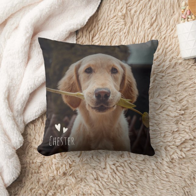 Custom Pet Photo Handwritten Name Hearts Cute  Cushion (Blanket)