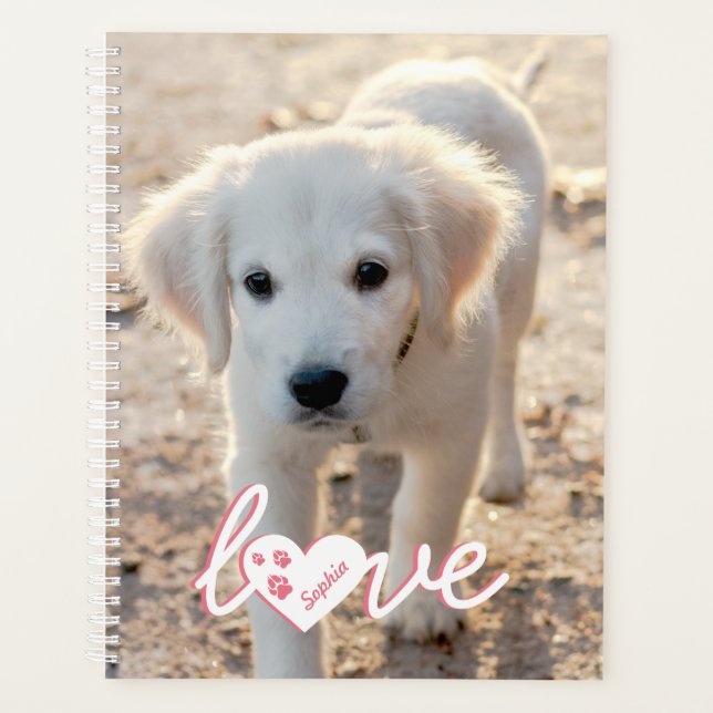 Custom Pet Photo & Love Text With Paws & Name Planner (Front)