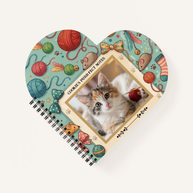 Custom Pet Photo & Name Cute Cat Toy Pattern Noteb Notebook (Front)