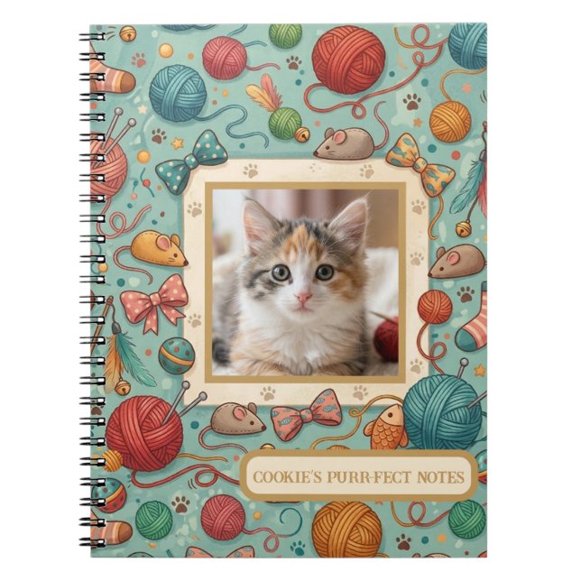 Custom Pet Photo & Name Cute Cat Toy Pattern Noteb Notebook (Front)